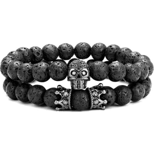 2pcs/lot 8mm skull crown volcanic gold silver copper cz zircon cubic zirconia beads Yoga Bracelet elastic Stone Bangles rbg4