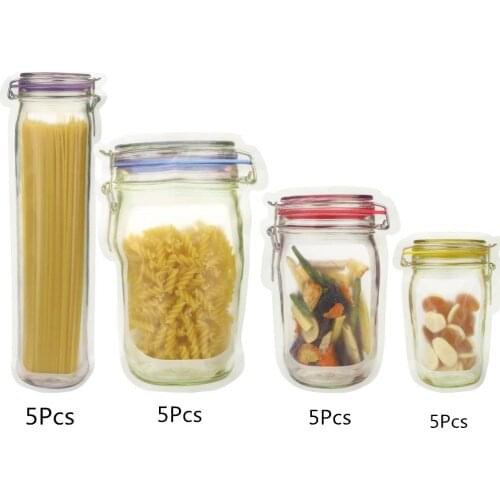 20 Counts Mason Jar Pattern Food Saver Storage Bags Set ( Tall /500ml x 5 + L /1000ml x 5 + M /500ml x 5 + S /150ml x5 ) - Airti