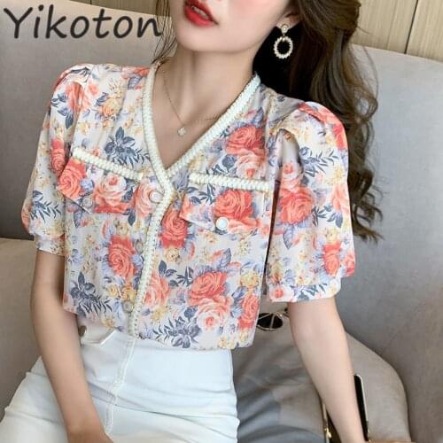 2021 Summer Blouse Shirt For Women Fashion Short Sleeve V Neck Casual Office Lady Floral Shirts Top Japan Korean Style Plus Size