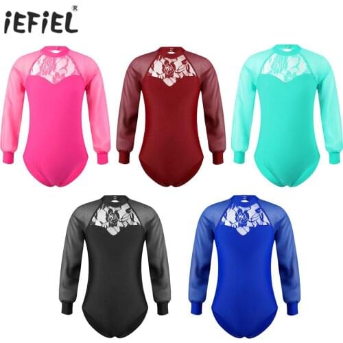Kids Girls Ballet Dancewear Mesh Long Sleeve Lace Embroidered Flower Open Back Dance Gymnastics Leotard Bodysuit Ballet Leotards