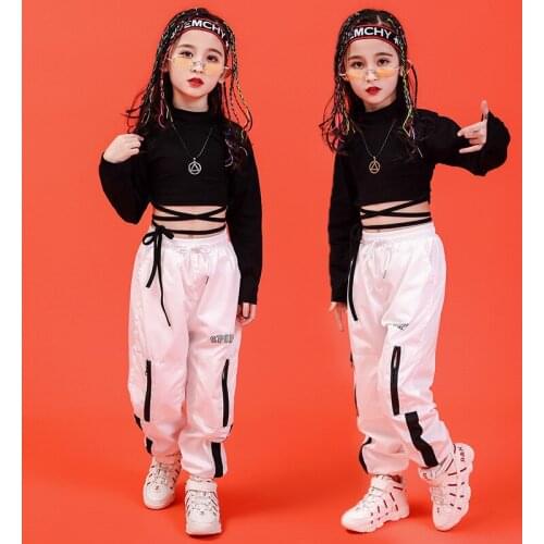 Girls Boys Jazz Hip Hop Dancing Costumes for Kids Black T Shirt Crop Tops Jogger Pants Ballroom Performance Show Dance Clothes