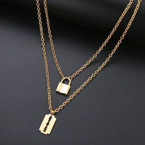 DOTIFI For Women Men Layered Chain Stainless Steel Padlock Necklace Blade Geometric Circle Necklace Jewelry