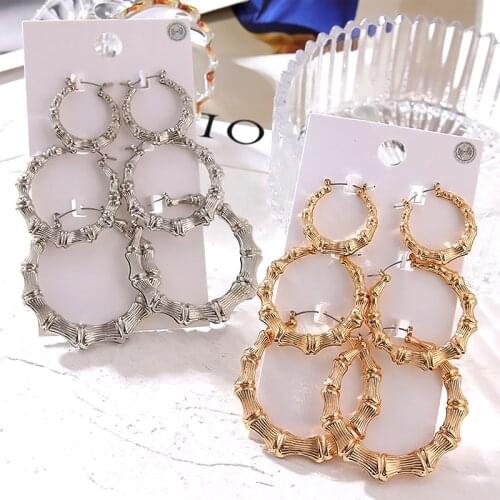 FNIO Statement Gold/Sliver Big Bamboo Circle Hoop Earrings For Women Hip Hop Earrings set Classic Jewelry 3pcs/set