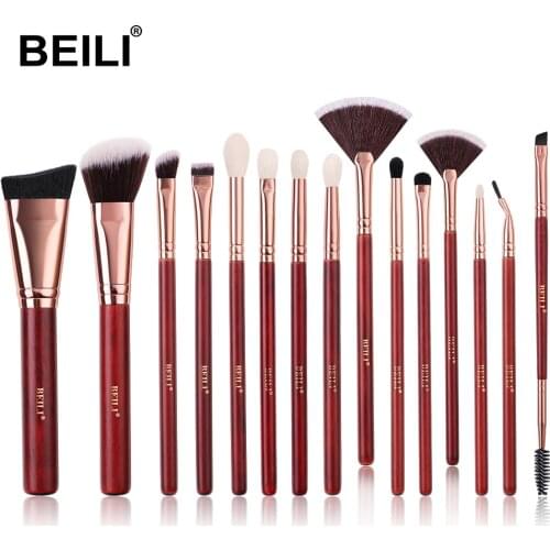BEILI Makeup Brushes Set Red 15pcs Foundation Highlight Blush Fan Eyelash Eye Shadow Goat Hair Professional Face Makeup Brushes