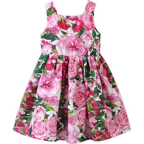 Summer quality girls dress Baby girl kids Children party sleeveless floral prin sleeve a-line dress