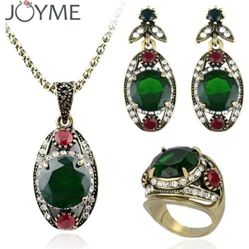 Joyme Brand AAA+New Fashion Green Austria Crystal Retro African Jewelry Sets Antique Gold-Color Wedding Sets Ensemble De Bijoux