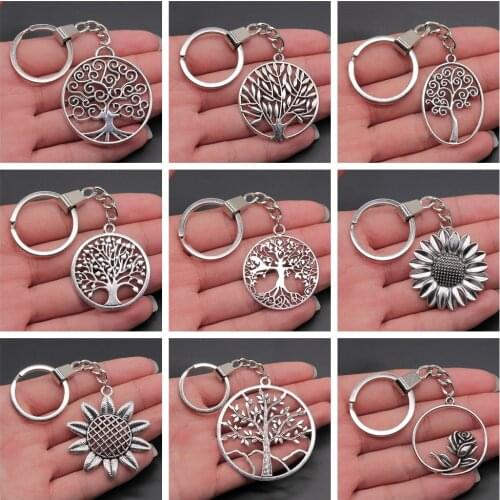 New Fashion Men 30mm Keychain DIY Metal Alloy Holder Chain Vintage Heart Flower Rose Sunflower Tree Pendant Keyring