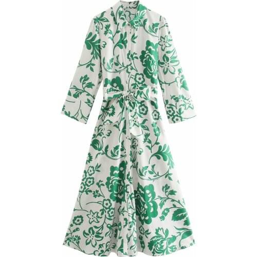 New Dress Women Floral Printed Shirt Dress Belted Long Sleeves Vintage Casual Vogue Chic Lady Midi dress Women