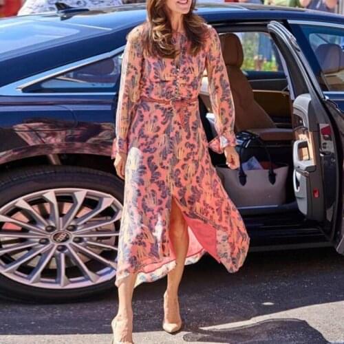 New Fashion Runway 2021 Autumn Dress Women Long Sleeve Flower Printed Belt Elegant A-Line Party Dresses