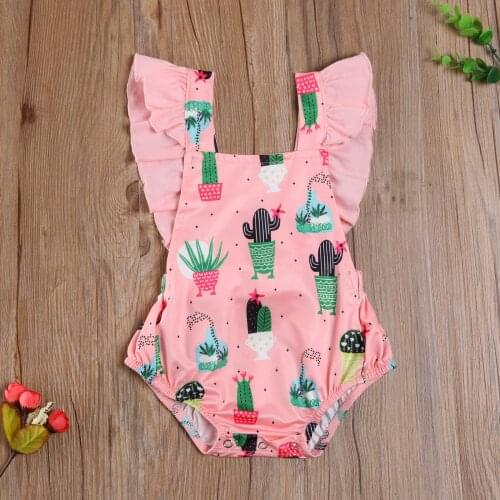 New Toddler Baby Girl Fashionable Cartoon Cactus Print Casual Bodysuit Flying Sleeve Ruffle Loose Jumpsuit