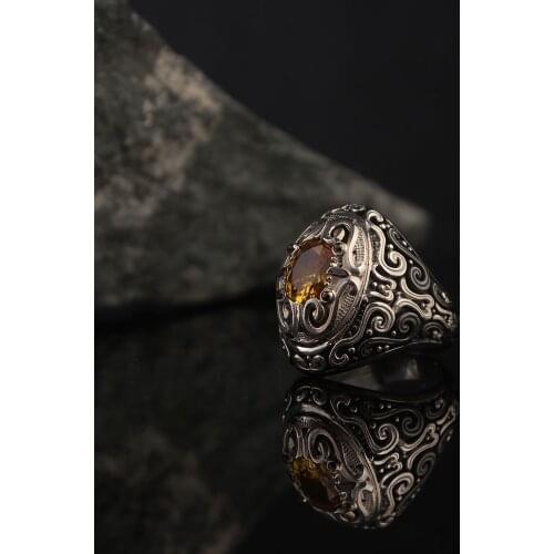 Orange Zircone Traditional Turkish 925 Sterling Silver Engravings Handmade Signet Ring Jewelry Gift From Turkey for Women Men