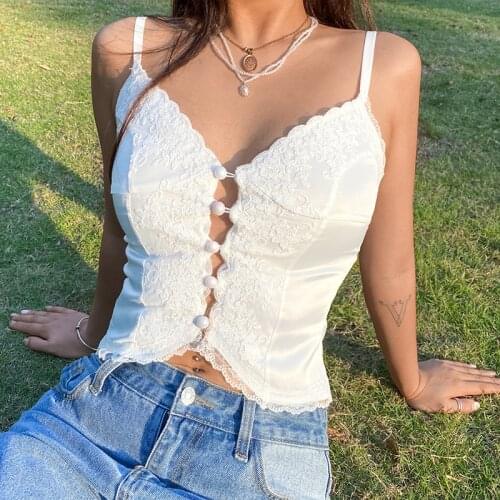 Rockmore Lace Low Cut Crop Top Corset Women Sexy Sleeveless Spaghetti Strap Cami Y2K Button Up Tank Top Beach Club Party Female
