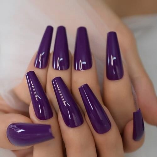 Super Long Dark Purple Wearable Coffin Fake Nail Pre Design Finished Fingernail Tip Flat Head Ballet Fake Nails Girl Women Decor