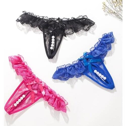3pcs/lots Crotchless Panties Sexy Underwear Open Crotch Pearl Thong Lace G-strings Exotic Ladies Lingerie See Through Panty