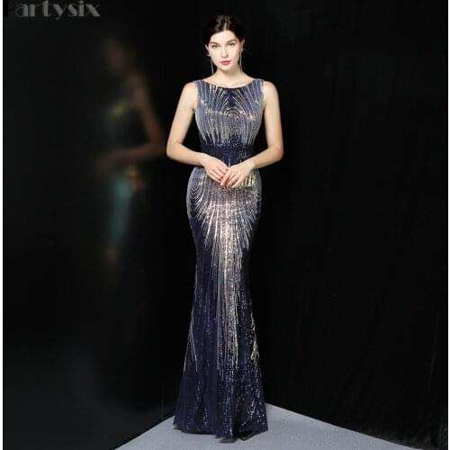 Partysix New Summer Sexy O-neck Long Sequin Evening Dresses Women Sleeveless Party Dress