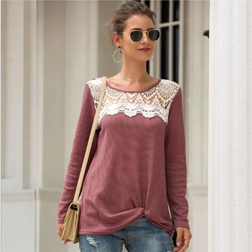 2019 Autumn Long-sleeved Round Neck T-shirt top Lace Stitching Slim Fit Joker Fashion Women