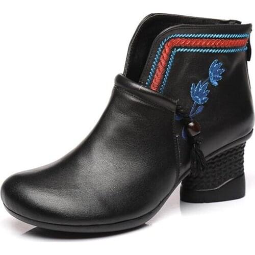 Embroidered Retro Full Genuine Leather Boots Winter Shoes Fashion Boots Thick with High Heel Shoes Woman Snow Boots Women Boots