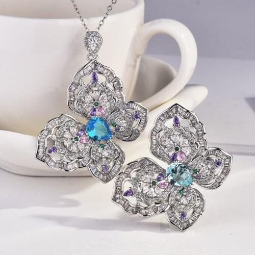 QTT Fashion Design Exaggerated Elegant Butterfly Necklace Rings Solid 925 Silver Banquet Wedding Party Jewelry Set for Women
