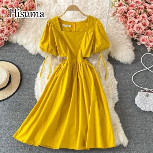 2021 summer new womens chic square collar puff sleeve hollow out chiffon dresses female retro lace-up waist A-line dress