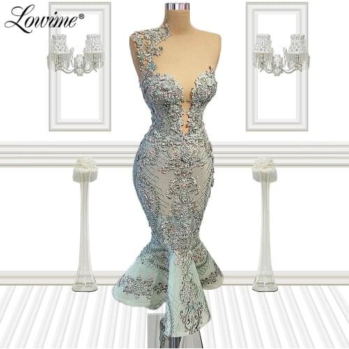 Mermaid Tea Length Evening Gown 2021 Lace Applique Beading Wedding Party Dress Customized Prom Dresses For Middle East Women