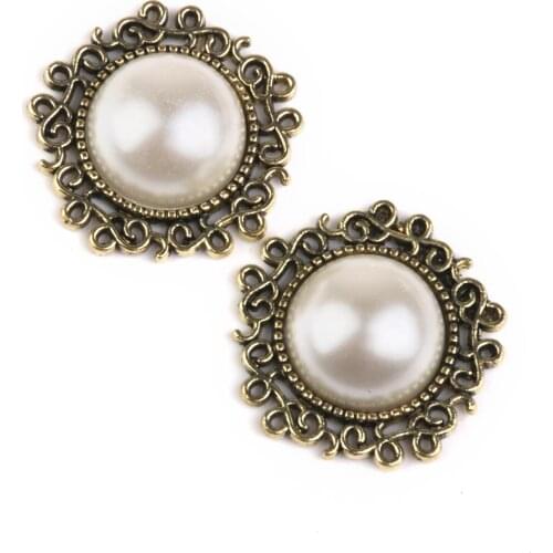 10PCS Retro Vintage Round Beige Faux Pearl Rhinestone Buttons Flatback Embellishments Bulk