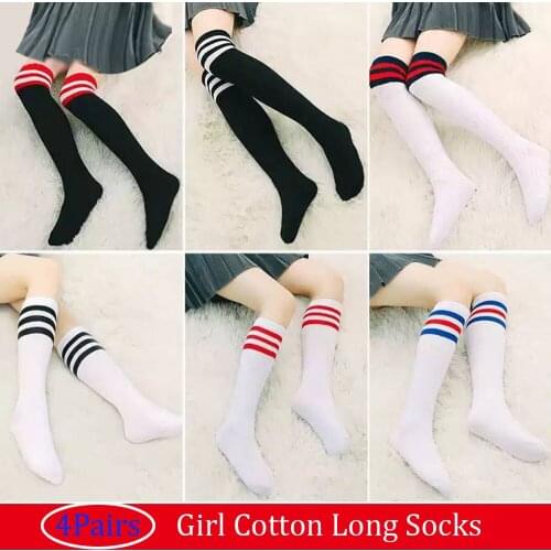 4Pairs kids baby Knee High Socks for girls boys children football - stripe teen sports wear Toddle boy Cotton Long Socks kids