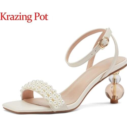 Krazing pot genuine leather square toe strange style pearl beading Princess style fairly buckle straps women summer sandals L81