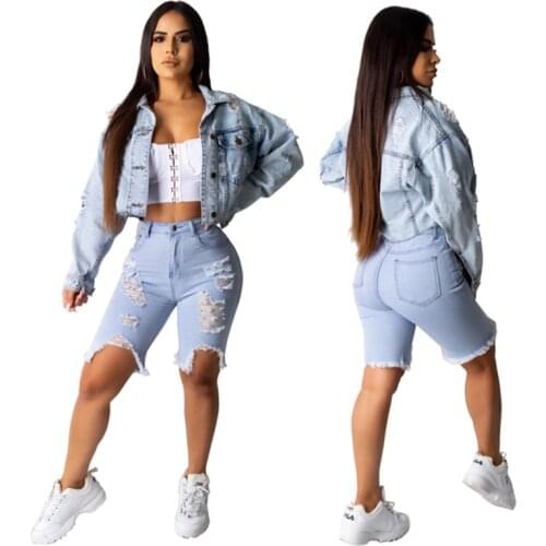 Womens Casual Denim Hole Short Ripped Jacket
