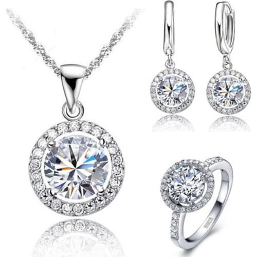 Exquisite Women Wedding Necklace Earring Ring Jewelry Set 925 Sterling Silver Anniversary Gift Zircon Crystal Bijoux Sets