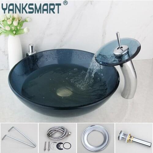 YANKSMART Round Tempered Glass Washbasin Faucet Set Counter Top Washroom Basin Sink Vessel Vanity Mixer Water Tap Combo Kit