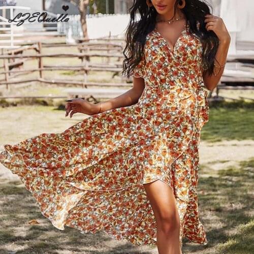 LZEQuella Summer Women V Neck Floral Print Boho Dress High Waist Sashes Split Long Dresses 2021 Holiday Beach Clothing NZ3376
