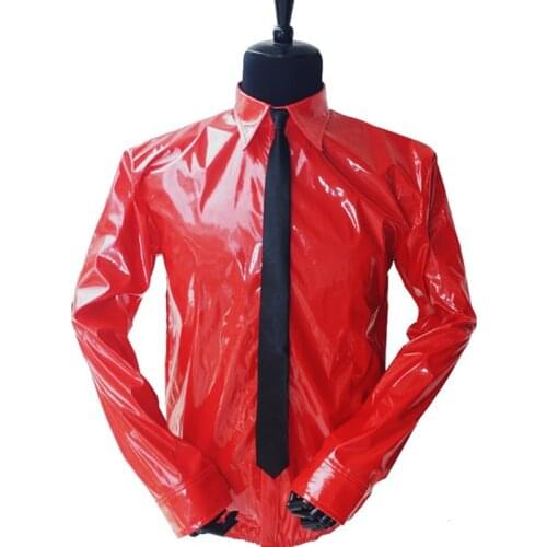 Michael Jackson Red Thin Shirt PU Leather Dangerous Jam Magic Tape VEL-CRO Shirt Tie for Dancer Quikly Change