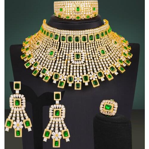 Missvikki HOT Famous Brand Gold Green 4PCS Gorgeous Luxury Nigerian Dubai Jewelry Sets For Women Cubic Zircon Wedding Bridal