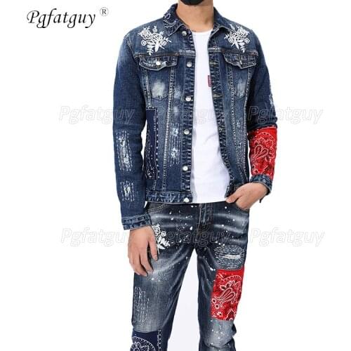 New Mens Sets Spring Autumn Mens Hole Stitching Embroidery Ripped Jacket and Stretch Jeans 2 Piece Set Personality Streetwear