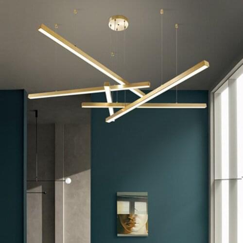 Modern NEW Led Chandelier Lighting Luxury Gold Hanging Metal Strip Light Fixtures Lobby Lamp Dimmable Cord Living room Lights