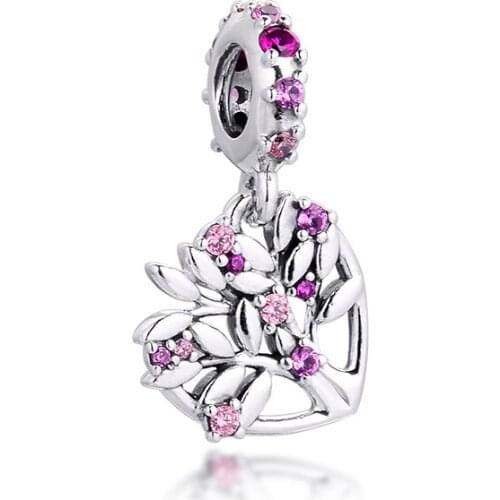 Fits Pandora Bracelet Charm 925 Original Pink Heart Family Tree Dangle Beads Sterling Silver Jewelry DIY Making Berloques