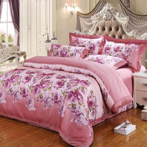 2019 Flowers Rose Pink Leaves Jacquard Silk Cotton Bedlinens Queen King Size Duvet Cover Pillowcases Set Bedsheet