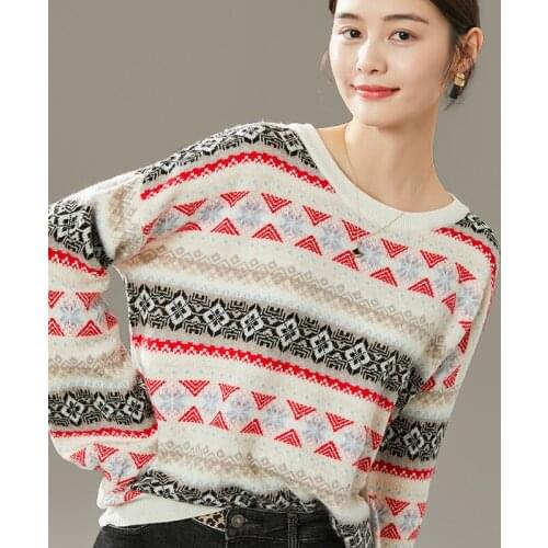100% Pure Wool New Pullover Autumn and Winter Thick O-neck Sweater Women Loose Large Size Jacquard Knitted Cashmere Sweater