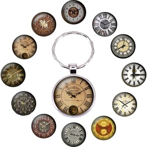 Retro Clock Pocket Watch Pattern Keychains Cabochon Glass Key Chains Accessories Cute Jewelry for Women Men Birthday Gift E13