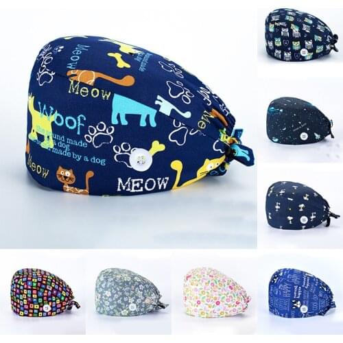 1Piece Cotton Unisex Lovely Cartoon Veterinary Dental Nursing Work Scrub Hat Beauty Salon Tieback Skullcap with Buttons