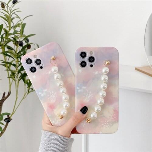 Pearl Bead Wrist Chain Flower Printed Silicone Phone Case for IPhone 11 12 Pro Max Mini X XR XS Max 7 8Plus SE Protection Cover