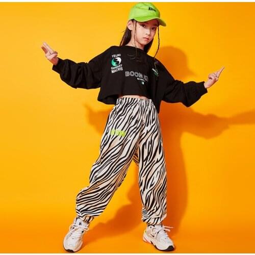 Kids Hip Hop Clothing Oversize Sweatshirt Crop Top Zebra Print Pants Girls Boys Jazz Dance Costume Performance Clothes Wear