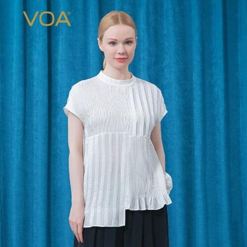 VOA Silk Tees Jacquard Ivory White Round Neck Tops BE625 Shoulder Short Sleeve Asymmetric Fold One Button Straight Loose T-shirt