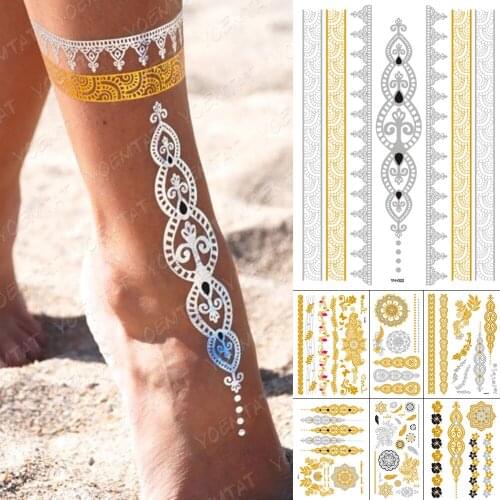 Waterproof Temporary Henna Mandala Tattoo Sticker Gold Silver Metallic Flash Tatoo Boho Party Flower Jewelry Glitter Body Art
