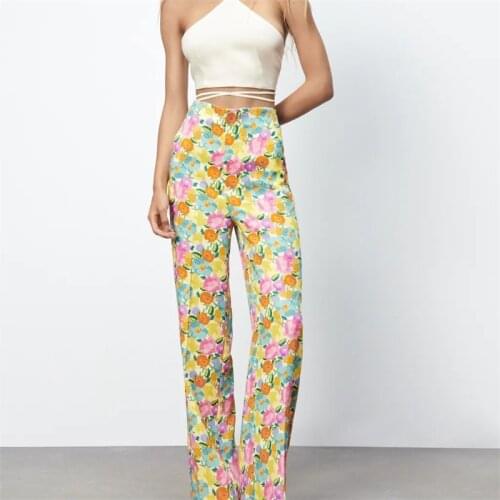 MESTTRAF Women 2021 Fashion Side Pockets Floral Print Straight Pants Vintage High Waist Zipper Trousers Streetwear