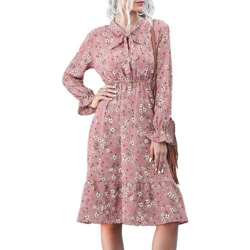 2021 Boho Style Floral Print Pleated Dress Women Long Sleeves Dress Bandage Bow O-neck Loose Ladies Dresses for Daily Seaside