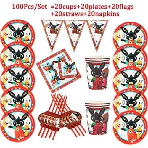 Christmas 100pcs/pack Rabbit Paper Cup Plates Straws Napkin Tableware Set Baby Shower Birthday Supplies Decorations Banner/Flags