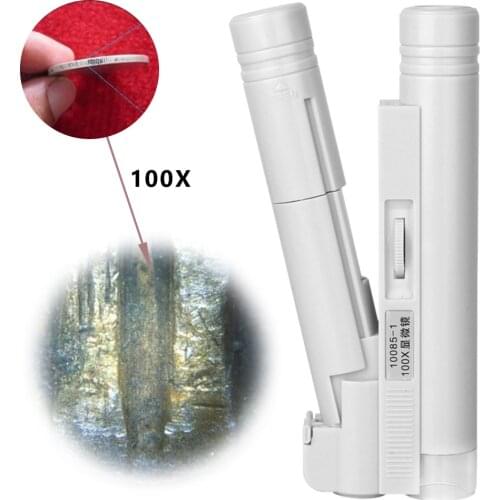 100X Pocket Microscope Handheld Mini Magnifying Glass Portable LED Lamp Light Jewelry Loupe Magnifier with Leather Case
