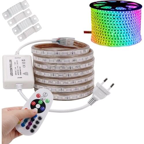 220V LED RGB Strip Light SMD5050 60LED/M Flexible LED Tape Waterproof LED Ribbon with EU Plug 750W 24Key IR Controller for Decor