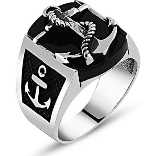 925 sterling Silver Onyx Stone Anchor Ring